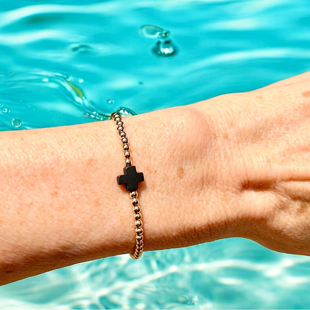 Black Cross Bracelet Gold filled beads stretch, beaded stretchy waterproof NEW!